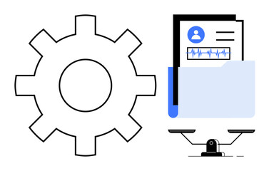 Fototapeta premium Gear for process, folder with analytics and user profile for data, and balance scale for evaluation. Ideal for productivity, workflow, analytics, assessment, decision-making, organization