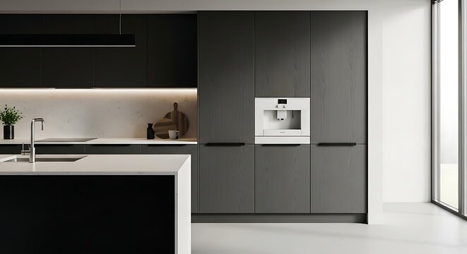 Dark Minimalist Kitchen with a Striking White Integrated Coffee Machine and Warm Lighting. - Powered by Adobe