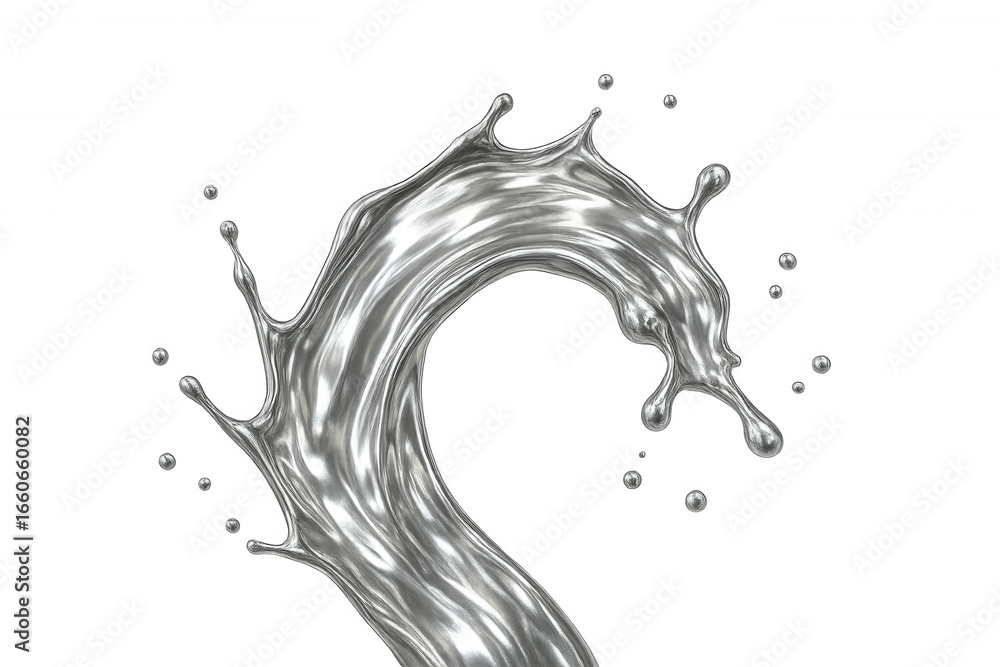 Poster silver liquid splashing and making a beautiful shape, with a transparent background for easy integra