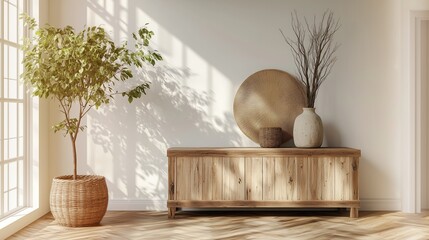 A room featuring a wooden cabinet with decor and a plant in a woven basket near a window light