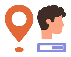 Orange location marker, user profile side view, and progress bar indicating completion. Ideal for identity, navigation, progress, location tracking, registration, profile management simple flat