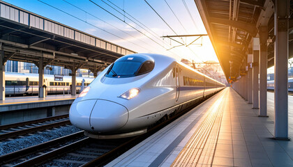 Fototapeta premium Modern high speed train station during sunset, sleek design with streamlined shape, bright sunlight casting long shadows, urban setting with other trains background, clean platform,