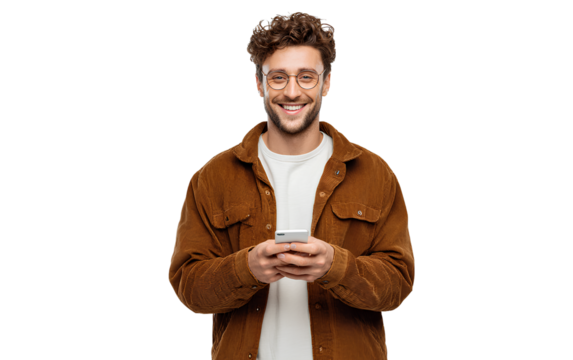 A young man holding a phone, isolated on a transparent background