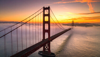 Obraz premium Aerial view of suspension bridge during sunset with fog below and vibrant sky colors, creating dramatic and scenic landscape. bridge extends into distance, blending with horizon and sky