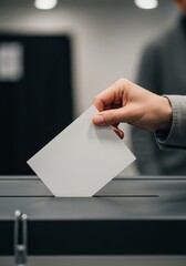 Man Casting His Vote into Ballot Box During an Election. Image symbolizes democracy, civic duty, and importance of individual participation in political process. Blank ballot with copy space