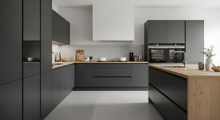 Elegant Contemporary Kitchen Design with Handleless Black Cabinets and Warm Wood Surfaces.