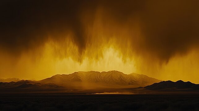 Dramatic landscape of golden light above mountains during a storm creates a unique atmosphere