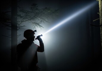 Man with headlamp and flashlight illuminating dark, foggy forest at night. Search and rescue mission in mystery.