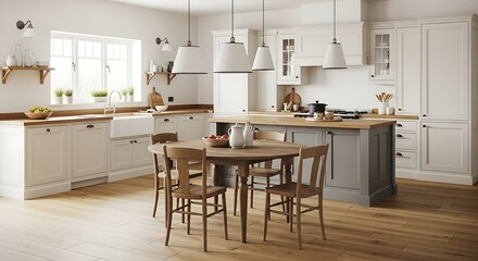 Elegant Farmhouse Kitchen with Grey Island, Integrated Wooden Dining Table, and Pendant Lighting.
