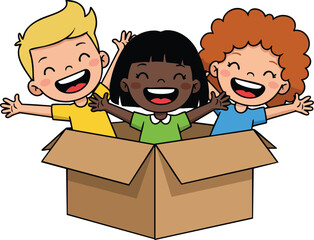 Happy children playing in cardboard box with joyful expressions and colorful clothes cheerful kids fun activity 