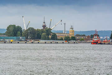 Gdansk, Poland - August 18, 2021. Lighthouse by New Port
