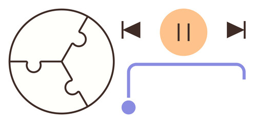 Puzzle globe, media playback controls, and minimalistic line design. Ideal for teamwork, global communication, connectivity, collaboration, media interaction learning and digital solutions. Simple