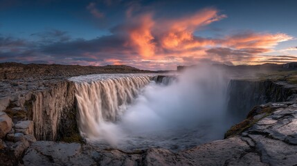 Fototapeta premium Majestic Waterfall During Sunset with Dramatic Clouds and Vibrant Sky
