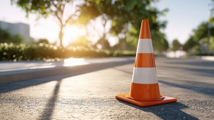 A bright orange and white traffic cone stands on asphalt, with a blurred background of trees and sunlight.