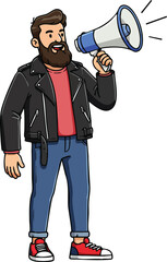 Bearded man wearing leather jacket holding megaphone making announcement vector illustration 