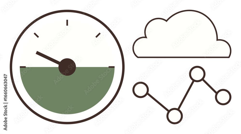 Poster gauge with performance indicator, cloud outline, and data flow graph node connections. ideal for per