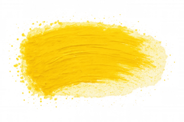 Bright yellow paint stroke featuring dynamic brushwork, textured splatters spreading across transparent surface, artistic graphic element