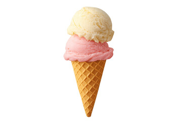 Ice cream cone showing two scoops on transparent background