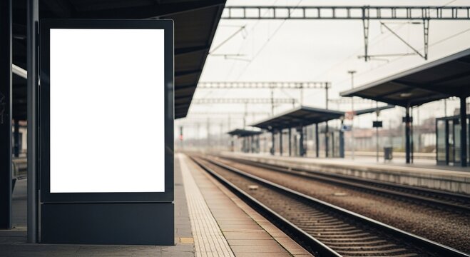 Blank billboard on train platform with railway track. Empty advertising display for public transport message. Mockup for metro station promotion. - Powered by Adobe