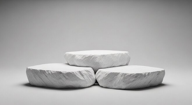 Three white stone podiums displayed on an empty gray background. Minimalist rock pedestals for product presentation or showcase.