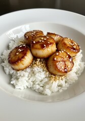 Pan-seared scallops over rice, glazed with a sweet sauce, topped with sesame seeds