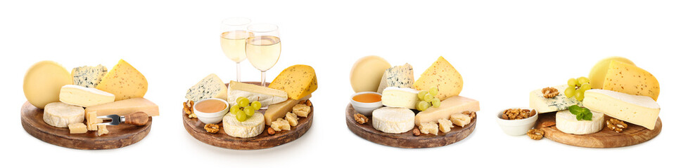Set of many different cheeses on white background