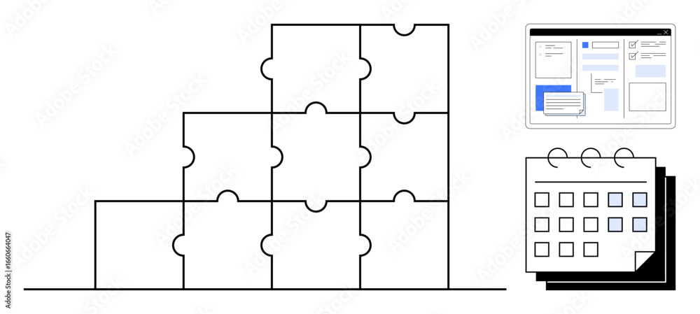 Aufkleber pyramid of interlocking puzzle pieces symbolizes problem-solving and teamwork. calendar and layout s