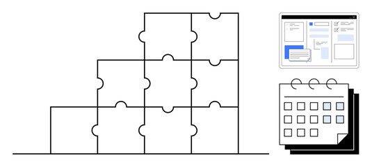 Pyramid of interlocking puzzle pieces symbolizes problem-solving and teamwork. Calendar and layout signify organization and planning. Ideal for collaboration, structure, development, scheduling
