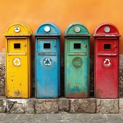 Four colorful recycling bins against an orange wall.  Each bin is a different color (yellow, blue, teal/green, and red) and has a recycling symbol.  They stand on a low stone ledge