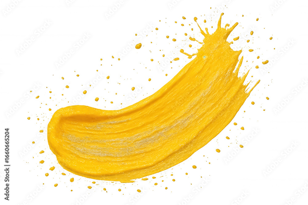 Poster dynamic yellow paint splash with droplets, creating a vibrant and energetic visual on a transparent 
