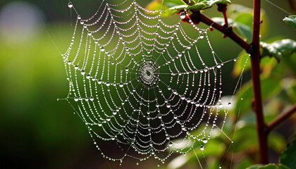 Close up of spider web covered in dew drops hanging between green leaves, creating sparkling pattern in morning light, evoking sense of freshness and delicate beauty