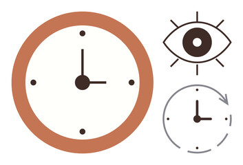 Analog clock in brown, stylized open eye, and clock icon with arrow convey time, watchfulness, focus, scheduling, time management, punctuality, mindfulness simple flat metaphor