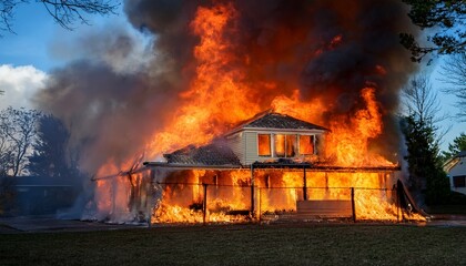 an intense two story house fire engulfs the entire structure showcasing the powerful flames and smoke that consume the two story house in a dramatic display of destruction