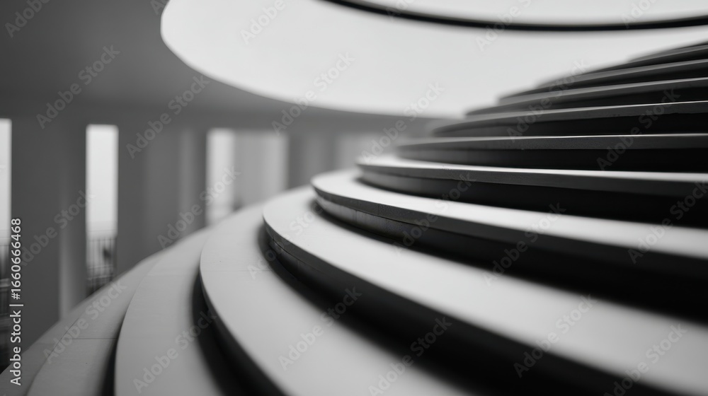 Poster Medium shot focused on a spiral staircases geometric curves and railings with steps fading into a blurred background emphasizing architectural rhythm and flow.