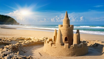 sandcastle by serene beach at sunny day with backdrop of beautiful landscape and sparkling ocean