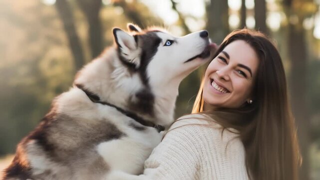 Woman with long brown hair smiles beside a husky dog with blue eyes in soft sunny outdoor light