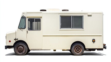 Cream Colored Vintage Food Truck On White Background Detailed Side View Of A Rusted, Classic Mobile Cuisine Vehicle Ideal For Street Food Catering