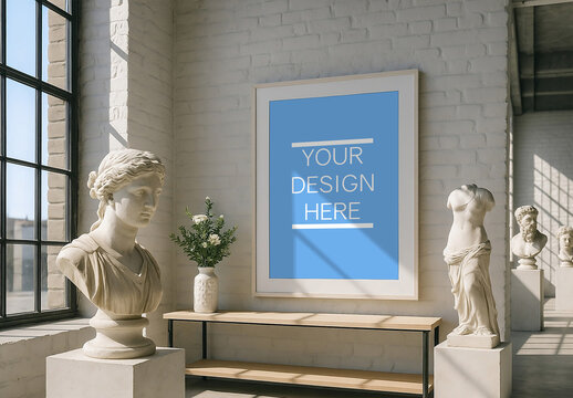 Framed Poster Mockup in Classical Gallery with White Brick Wall