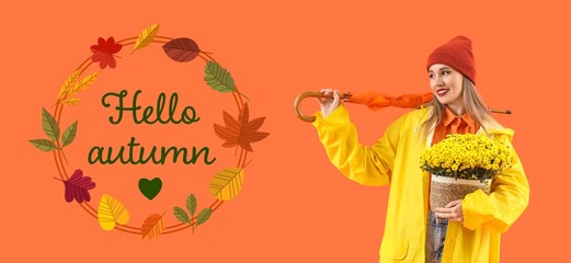 Young woman in raincoat, with flowers and umbrella on orange background. Hello, autumn