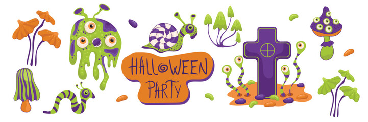 Happy Halloween party set of elements, eyes, worm, sock, snail, spooky monster, mushrooms, lettering, cross, grave and spirit. Hand drawn vector stickers for poster and printable decor.