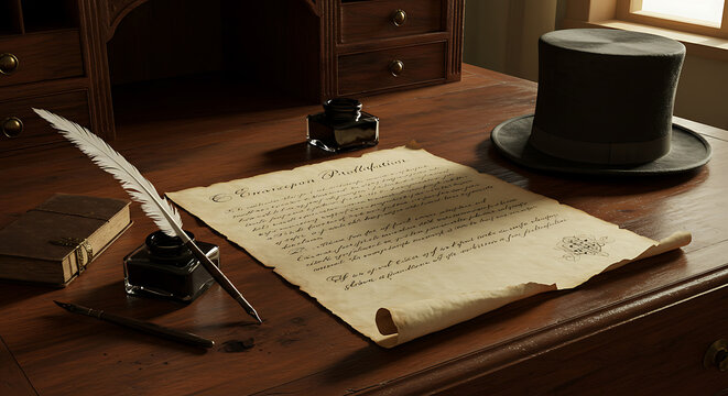 Emancipation Proclamation Document with Vintage Quill Pen and Top Hat on Historical Desk