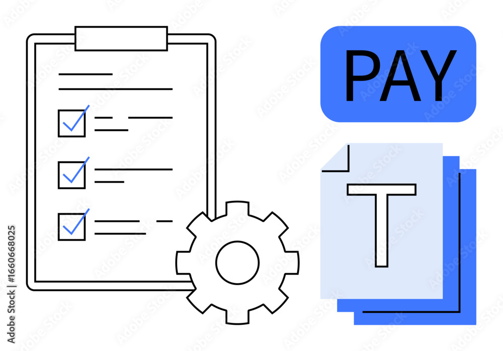 Poster checklist with marked tasks, gear symbolizing automation, document stack, and highlighted payment te
