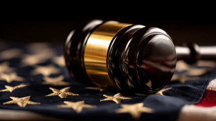 Close-up of a polished gavel with gold detailing lying across an American flag, strong contrast lighting, representing the U.S. legal system, justice, and patriotism, editorial photography style
