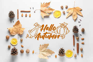 Frame made of fallen leaves, spices, pine cones and dried orange slices on grey background