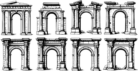 Set of sketched silhouettes of antique arches. Basic elements of Greek architecture.