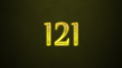Neon glowing yellow number of 121 on dark background.