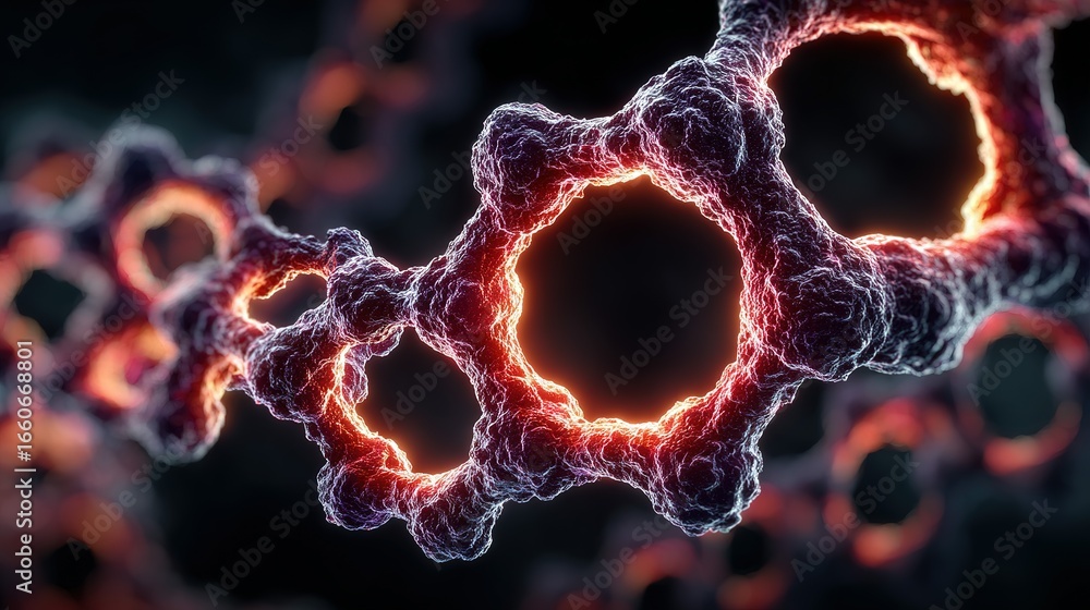 Poster abstract rendering of interconnected molecular structures with glowing orange centers on dark backgr