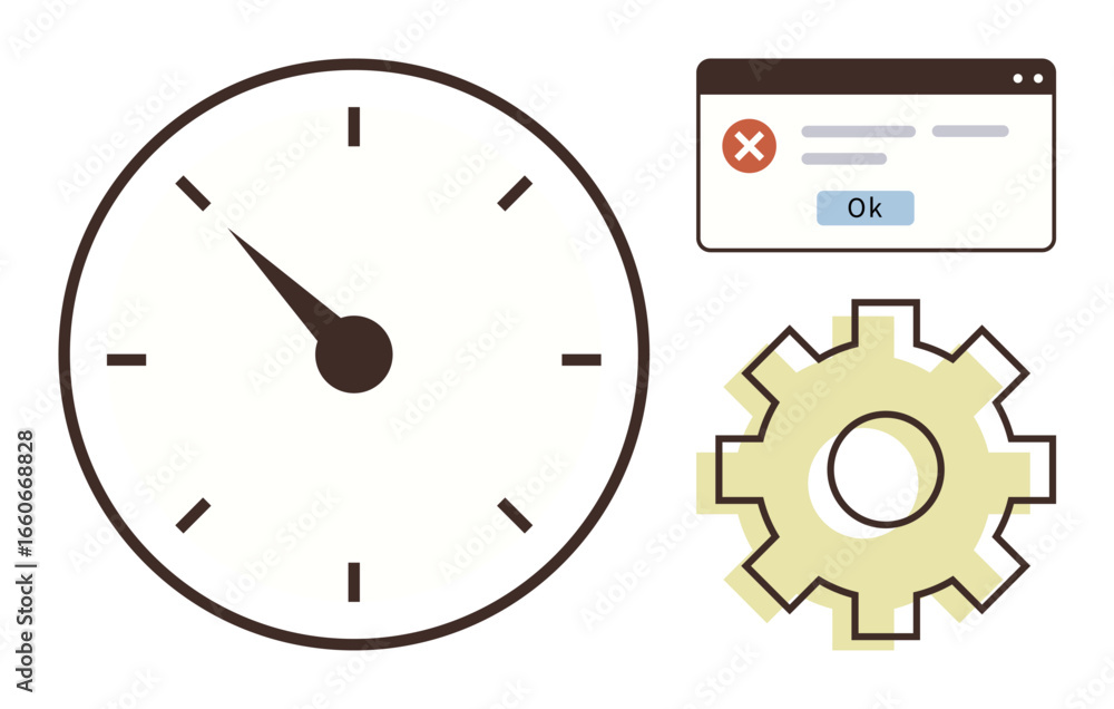 Poster clock indicating time, pop-up error window, and gear symbolizing time management, troubleshooting, a