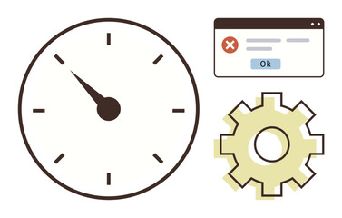 Clock indicating time, pop-up error window, and gear symbolizing time management, troubleshooting, and system optimization. Ideal for productivity, deadlines, problem-solving, efficiency workflow