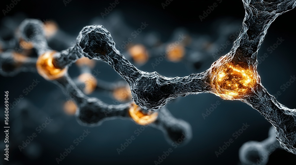 Poster abstract rendering of a molecular structure with interconnected nodes and bonds.